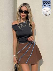 Serisse Women's Asymmetric Waist Contrast Trim Casual Skorts Vacation Brown And Blue Summer - Brown - View 5
