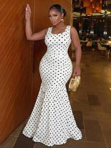 Slaydiva Plus Size Women Polka Dot Mermaid Hem Fitted Elegant 1920s 1950s Vintage 90s Sleeveless Dress Evening Formal Wedding Guest White Summer - Black and White - View 2