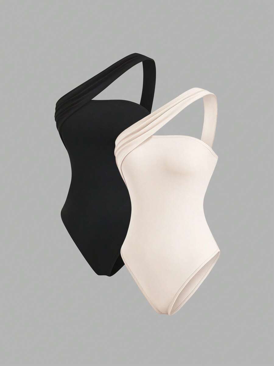 Sweetra Summer Fashion Design Asymmetric One-Shoulder Bandeau Casual Minimalist Basic Slimming Brown Black 2 Pieces Set Women's Bodysuit Going Out Off-White - Multicolor - View 1