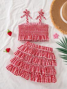 Baby Girl Plaid Cami Top And Skirt Shorts Casual Daily Outfit Set - Red - View 3