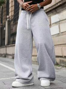Major Grit Celana Jogging Kasual Pria Ukuran Besar Warna Polos dengan Tali Serut di Pinggang, Saku, dan Potongan Lebar untuk Liburan Musim Panas Warna Abu-abu - Light Grey - View 4