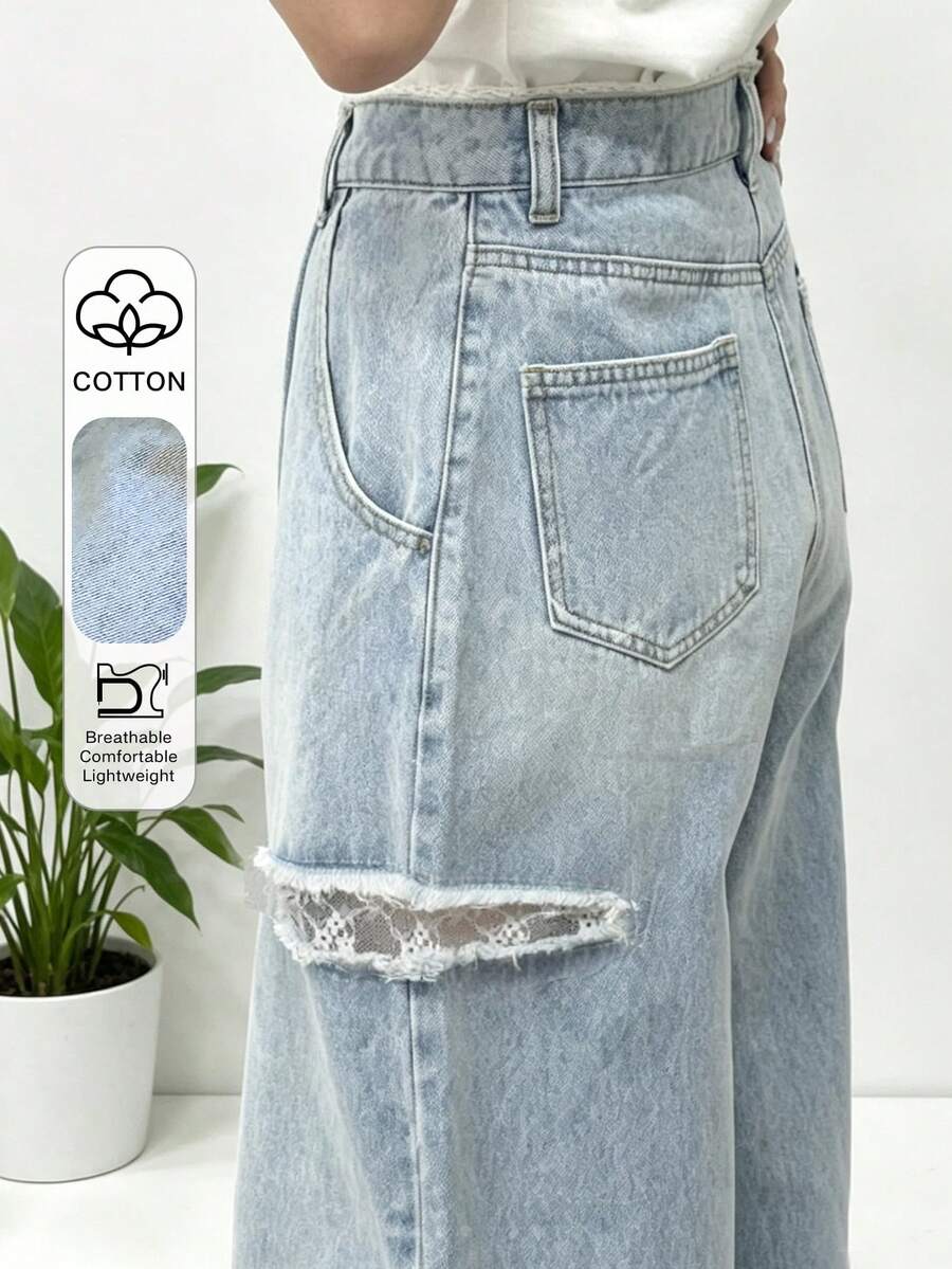FRIFUL Celana Jeans Denim Kasual Serbaguna untuk Wanita, Dilengkapi Saku dan Kancing, serta Atasan yang Cantik - Biru - View 1