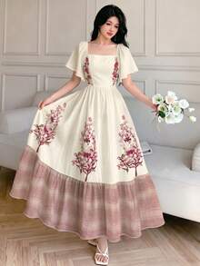 Modelyn 女款優雅復古薰衣草花卉印花洋裝，時尚方領大荷葉袖小蓋袖設計，下擺荷葉邊，適合夏季休閒與外出穿著 - 彩色 - 查看 4