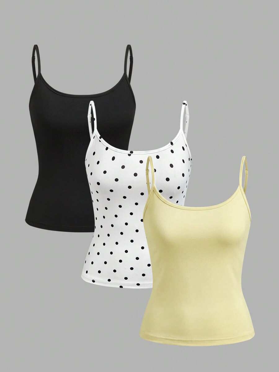 SHEIN EZwear 女款 3 件組 素色復古波點短版性感修身背心上衣 夏季款 - 彩色 - 查看 1