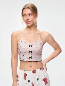 Bonmuse Heart Print Lettuce Trim Bow Front Cami Pajama Sleep Topfor Summer - Apricot - View 3