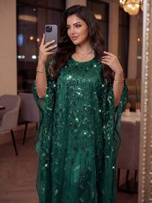 SHEIN Lady CURVE Plus Size Elegant Formal Elegant Party Evening Wedding Sequin Embroidered Mesh Dress Dark Green Summer Vacation - Dark Green - View 1
