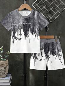 1 Set Boys' Spring/Summer Fashion New Grey & White Gradient Print Short Sleeve & Shorts 2-Piece Outfit, Cool & Stylish Summer Versatile Look, Photo-Ready Outfit, Multi-Wear Summer Style, Suitable For Daily Wear, School, Festivals, Multi-Scenario Boys' Clothing, Great Gift Choice With Atmospheric Vibe - Multicolor - View 3