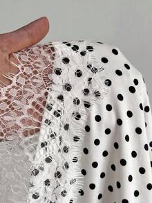 SHEIN EZwear 復古經典黑白波點印花白色針織蕾絲拼接修身洋裝（女款），秋季上衣，適合日常通勤、派對、秋冬/夏季、聖誕節、新年、感恩節、派對、婚禮、海灘、畢業典禮、優雅、外出、約會、通勤、情人節、優雅、度假、Y2K、畢業 - 彩色 - 查看 10