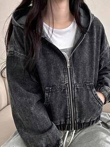 SHEIN 青少年女孩黑色丹寧連帽短版長袖夾克 秋冬萬聖節 Y2K 畢業返校穿搭 - 黑色 - 查看 2