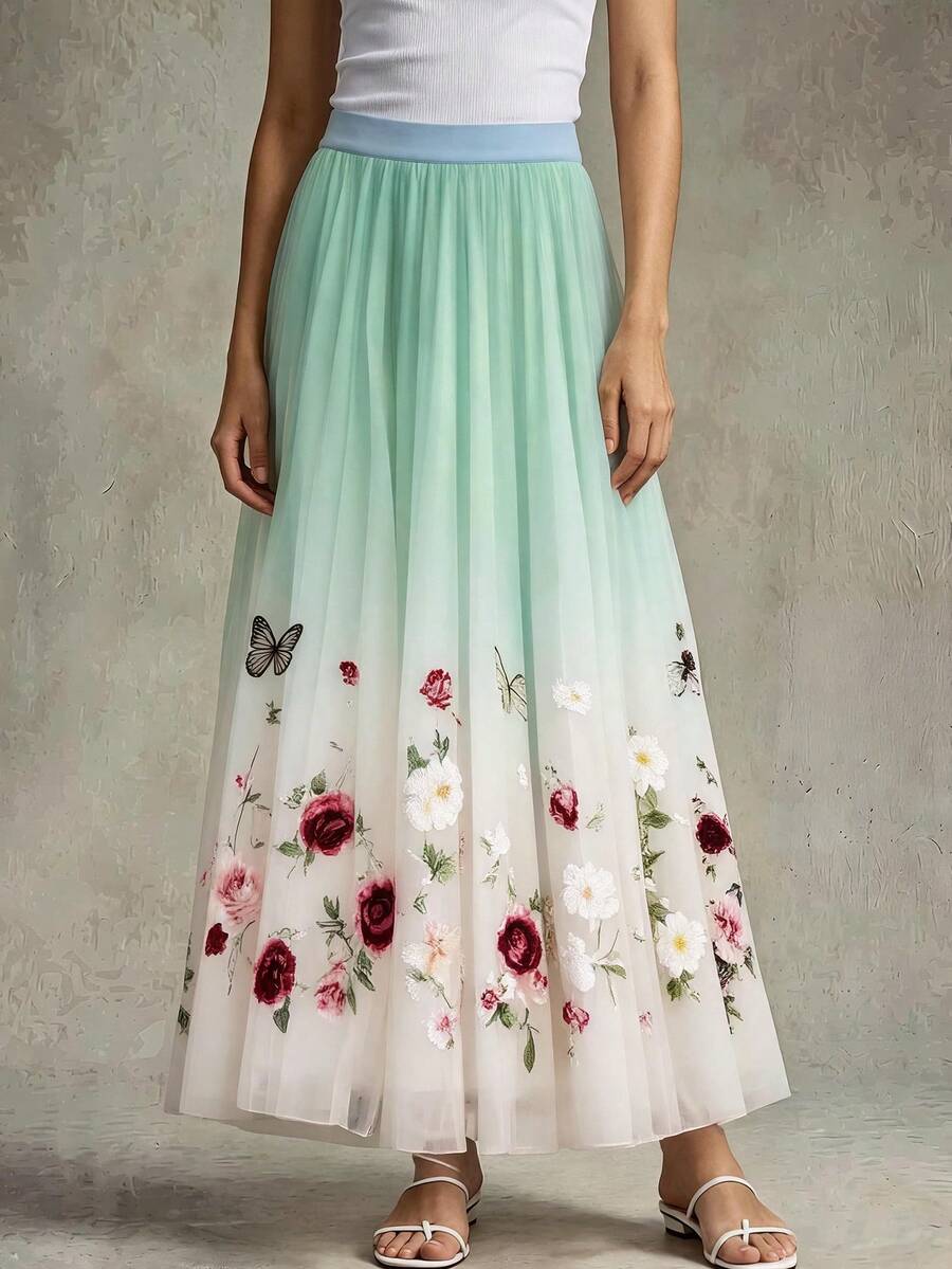 Franclia 柔和腮红色薄纱A字长裙,饰以复古玫瑰和蝴蝶印花 - 宽松腰身,飘逸优雅的仙女裙 - 彩色 - 查看 1