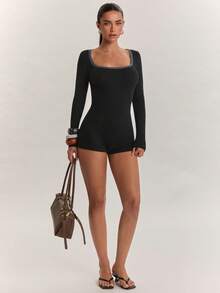 SHEIN BAE Women's Square Neck Long Sleeve Casual Sexy Basic Romper Contrast Colorblock Playsuit Date Night Club Night Out Cocktail Black Fall - Black - View 3