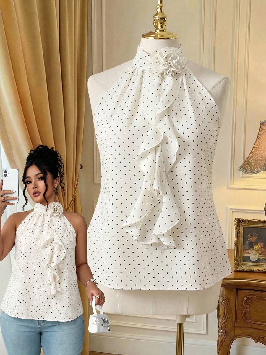 Rometta Blusa sin mangas de talla grande con cuello halter, lunares y volantes florales 3D - Blanco - Ver 1