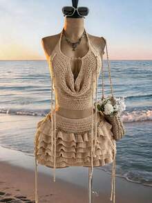 Soleia Women's Spring/Summer Romantic Boho Vacation 2-Piece Set: Draped Neck Crochet Tank Top, Steel Bead Tassel Decor + Multi-Layer Ruffle Mini Skirt, Sexy - Apricot - View 5