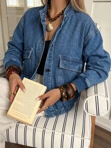 Livesso Chaqueta corta para mujer de unicolor con cuello alto y bolsillo - Azul - Ver 1