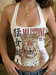 青少年女孩白色長版休閒掛脖上衣，修身背心，適合夏季 - 白色 - 查看 1