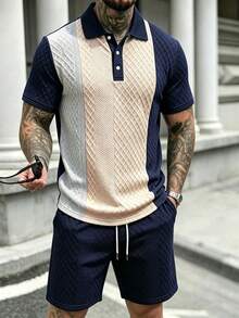 Manfinity CasualCool Knitted Jacquard Casual Solid Color Patchwork Men's Polo Set - Multicolor - View 3
