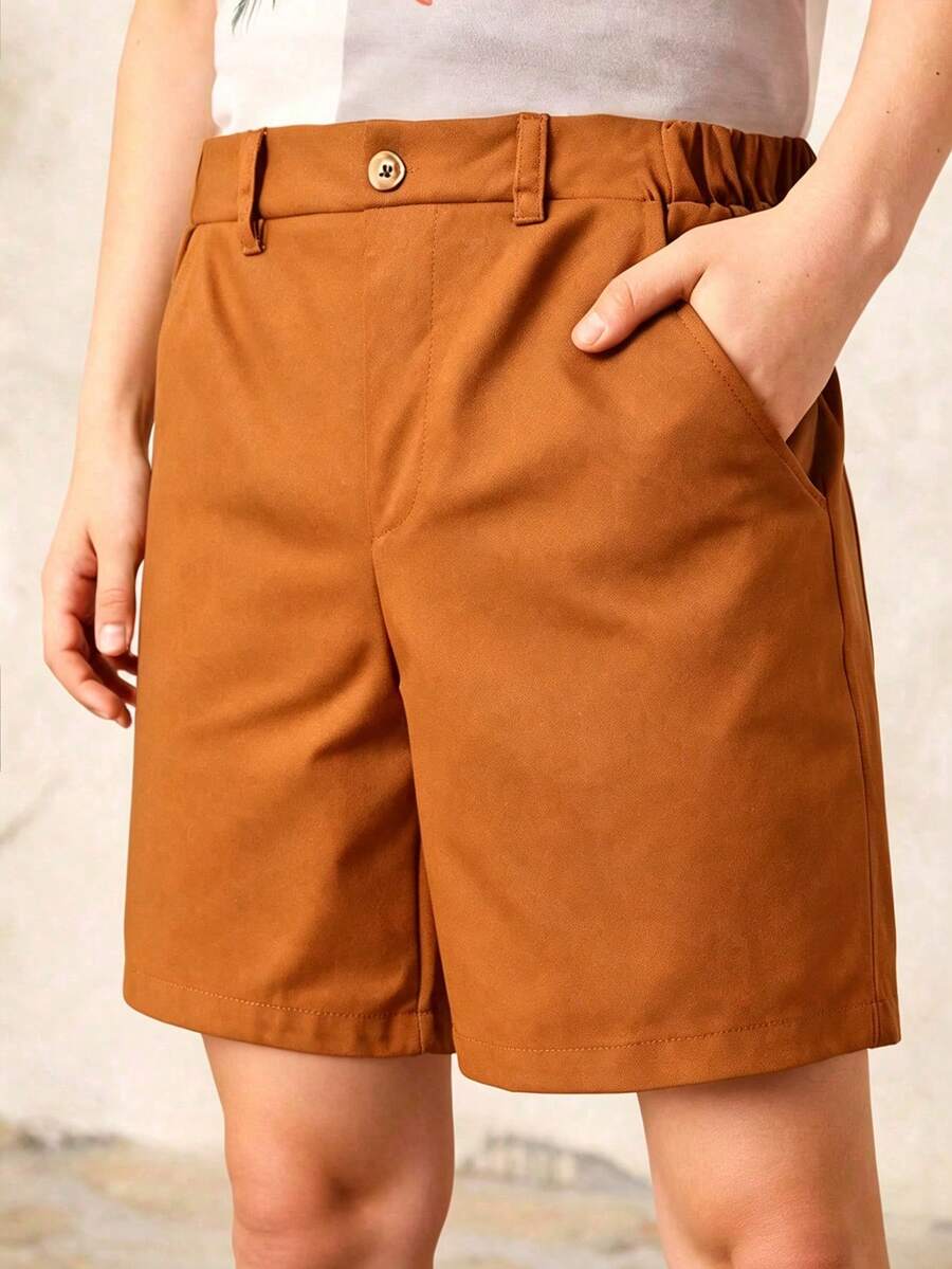 SHEIN Tween Boy Summer Casual Versatile Solid Color Shorts - Brown - View 1