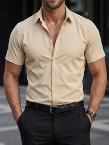 Manfinity Mode Men Solid Button Up Formal Shirt, Ceremony - Khaki - View 3
