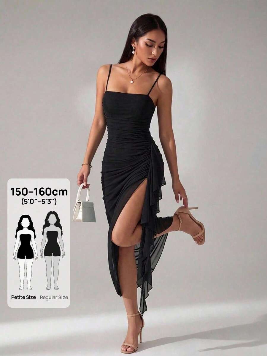 SHEIN PETITE 2026女款春夏優雅復古黑色百褶荷葉邊不對稱下擺洋裝 - 黑色 - 查看 1