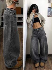 Jeanoix Petite Women's Y2K Loose Wide Leg Casual Denim Pants With Pockets - Grey - View 8