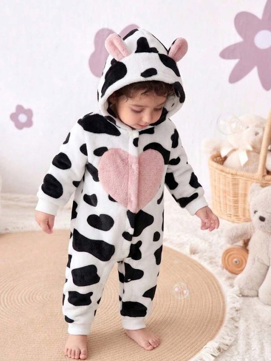 SHEIN Infant Girl Cute Playful Patchwork Heart Animal Ear Cow Print Long Sleeve Hooded Plush One-Piece Pajamas