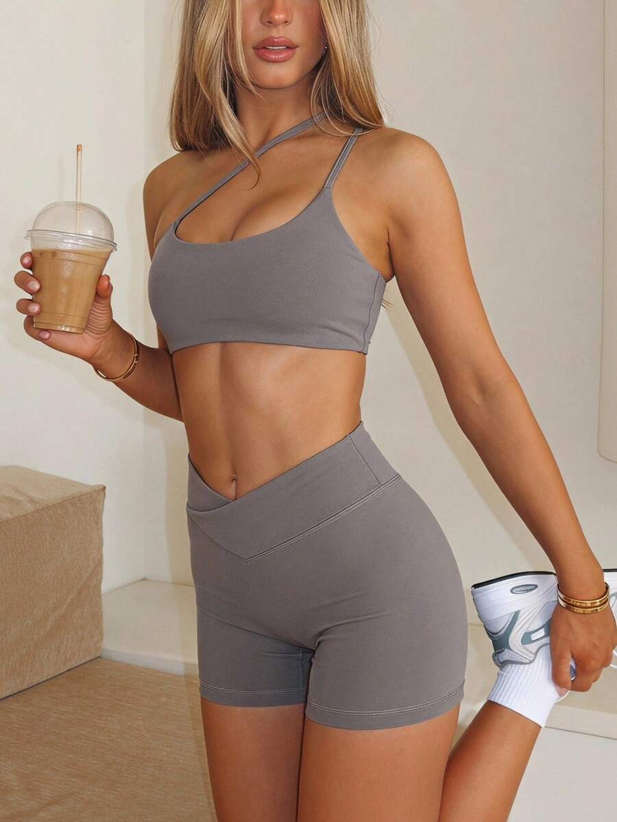 Aloruh Women's Solid Color Asymmetric Waistband Casual Fitness Sports Shorts - Dark Grey - View 1