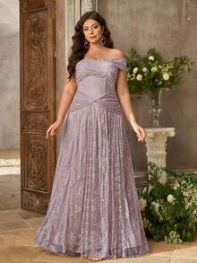Aureia Plus Size Elegant Romantic Off-Shoulder Beaded Embroidered Heart Neckline Patchwork Mesh Pleated Design Ruffle Bodycon Mermaid Hem Evening Gown, Suitable For Festivals, Celebrations, Weddings, Balls, Concerts, Business Banquets, Guest Events, Internet Celebrity Style, Women's Heavy Work Evening Dress - Dusty Pink - View 2