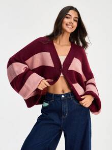 SHEIN 女款條紋落肩長袖單排扣休閒針織開襟衫 - 彩色 - 查看 1