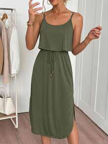 SHEIN LUNE Women Solid Color Ruffle Hem Side Slit Camisole Dress - Army Green - View 6