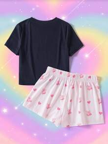 THE POWERPUFF GIRLS X SHEIN 女款卡通短袖上衣與短褲睡衣套裝 - 黑色 - 查看 2