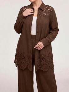 Veilorie Plus Size Women Solid Color Hollow Embroidery Long Sleeve Shirt And Wide Leg Pants Casual 2-Piece Set - Coffee Brown - View 6