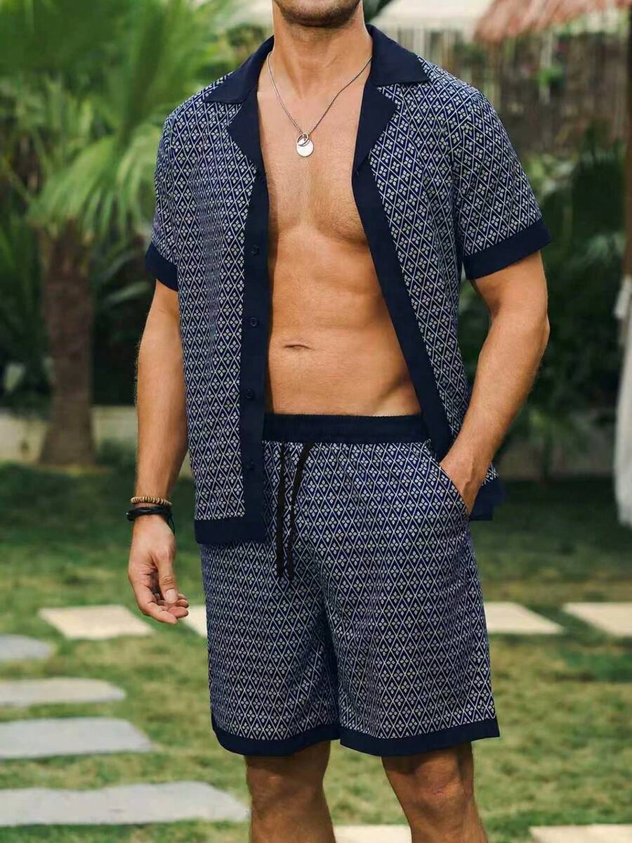 VENTUSAIL 男士全印花短袖襯衫與短褲休閒套裝 - 藏蓝色 - 查看 1