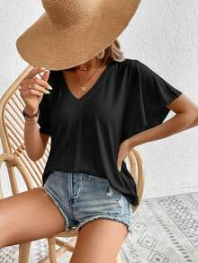 SHEIN LUNE Women's Pure Black 95% Cotton Butterfly Sleeve V-Neck Versatile T-Shirt - Black - View 4