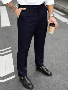 Manfinity Mode Men's Plus Size Solid Color Straight Leg Business Travel Trousers With Pockets - Navy Blue - View 5