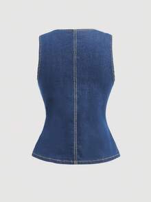 SHEIN MOD 女款單排扣休閒百搭日常牛仔上衣 - 中等水洗藍 - 查看 2