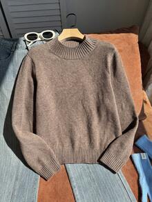 Comfortcana Plus-Size Casual Baggy Retro Simple Pullover Stand Collar Sweater Brown Fitted Slimming Autumn Thanksgiving Formal Graduation Vacation - Brown - View 4