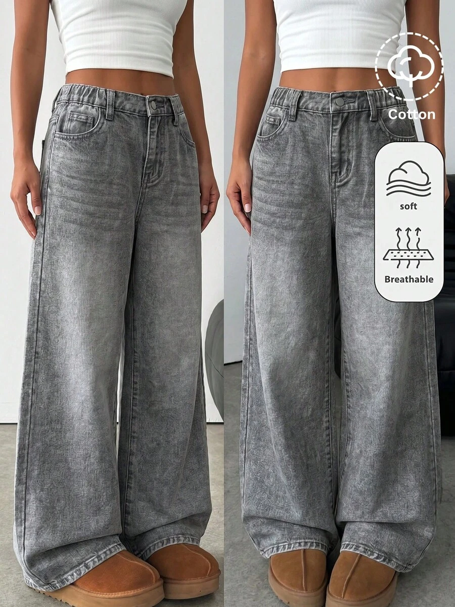 SHEIN Tween女孩時尚百搭口袋鈕扣牛仔寬鬆長褲,適合萬聖節、世界盃、畢業季、休閒、開學季,夏季冬季秋季皆宜 - 灰色 - 查看 1