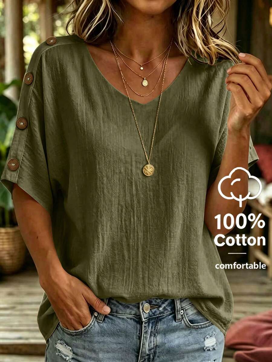 Linhara CURVE Blusa de mujer talla grande de unicolor con cuello en V y manga corta con botones, blusa de verano para mujer, blusa de vacaciones, top de lino hecho de 100% algodón - Verde militar - Ver 1