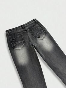 Manfinity Roghcode Men's American Vintage Niche Washed Horseshoe Denim Jeans Slim Fit Stretch Flared Leg Long Pants - Black - View 6