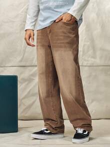 Norleigh Men's Solid Color Denim Jeans,Baggy Cargo Jeans Coffee Brown,Autumn,City Break,Washed Long Plain Pants For Daily Work Street, Khaki - Khaki - View 1
