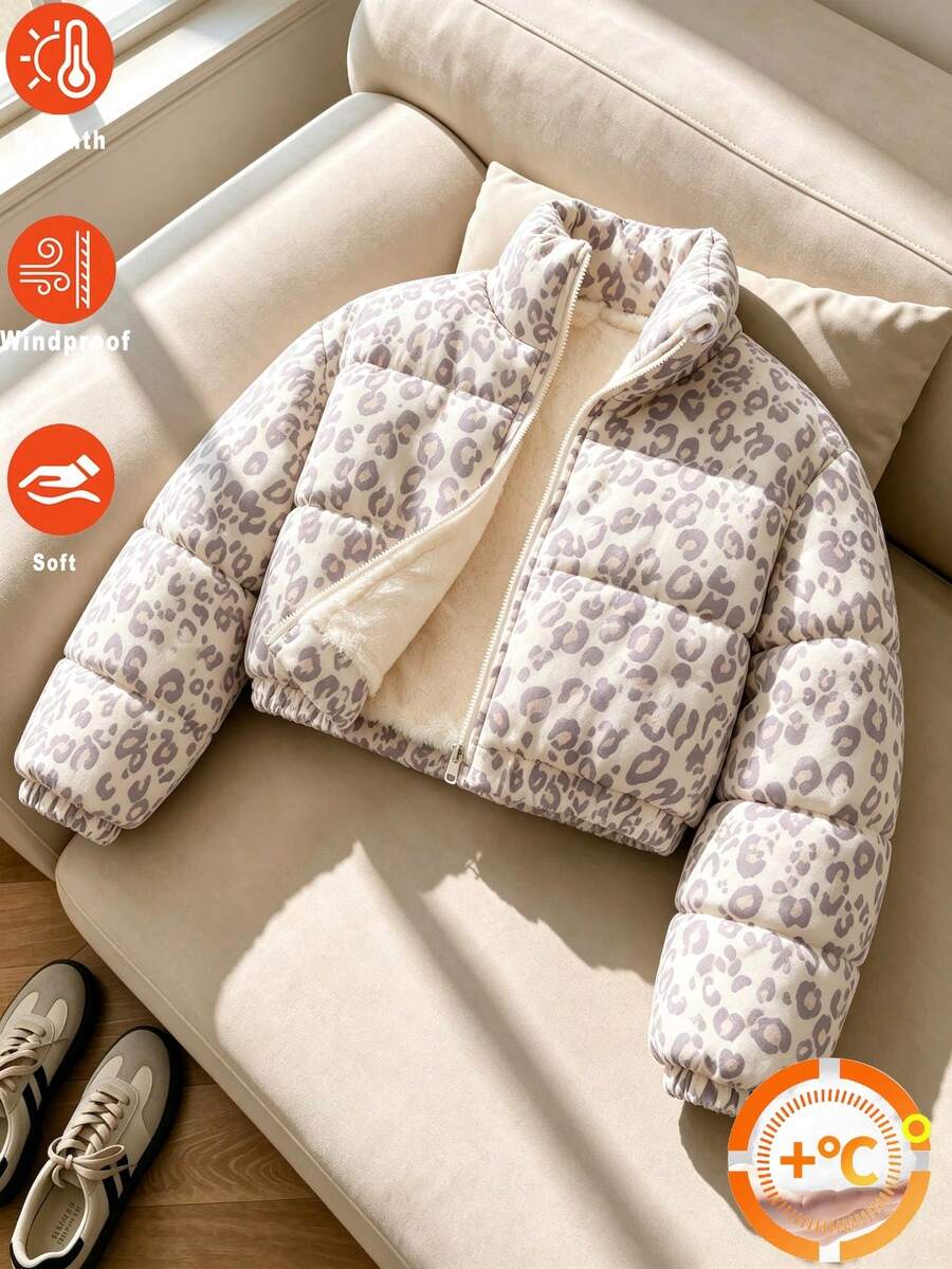 SHEIN 少女黑色與白色豹紋印花棉絨長袖加厚外套,秋冬校園可愛酷女孩風 - 彩色 - 查看 1