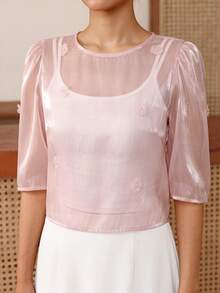 EastFlair Women's 3D Floral Decor Casual Versatile Daily Wear Blouse - Pink - View 6