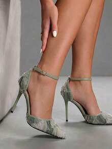 CUCCOO SZL Womens Purple Textured Ankle Strap Stiletto Heel Pumps Pointed Toe Slip On Formal Shoes - Pastel Green - View 5