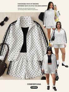 Comfortcana Plus Size Women Casual Style Suitable For Outdoor Wear White Polka Dot 2 Pieces Set Fall - White - View 9