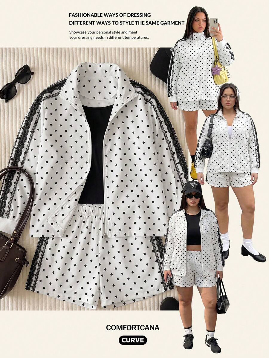 Comfortcana Plus Size Women Casual Style Suitable For Outdoor Wear White Polka Dot 2 Pieces Set Fall - White - View 1