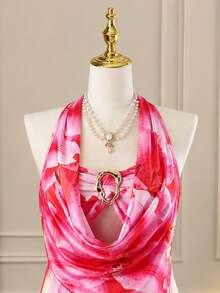 Rometta Plus Size Women's Halter Neck Metal Decor Floral Print Top - Multicolor - View 3