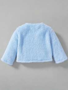 SHEIN Elladie kids 女嬰幼兒秋冬新款百搭優雅毛絨蝴蝶結開襟外套，適合外出，米色/杏色，完美適配日常穿著與派對場合，百搭風格 - 淺藍色 - 查看 2