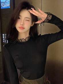 DAZY 女式纯色荷叶边领 T 恤，秋季服装长袖女式上衣 - 黑色 - 查看 2