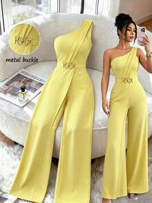 Elenzga Damen Jumpsuit Einfarbig für den Alltag - Gelb - Übersicht 2