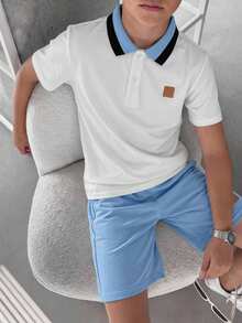 SHEIN Setelan 2 Potong Kemeja Polo dan Celana Pendek Kasual Longgar Bahu Teratur Warna Polos untuk Anak Laki-Laki Remaja, Cocok untuk Bepergian, Sekolah, Jalan-jalan Santai Sehari-hari, Olahraga, Musim Semi dan Musim Panas - Biru - View 6